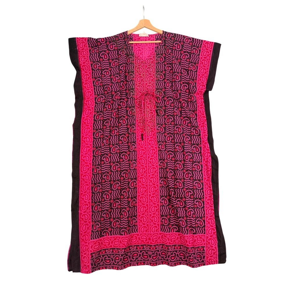 J Gee Pink Black Paisley Cotton Kaftan Dress One Size Boho Beach Coverup India